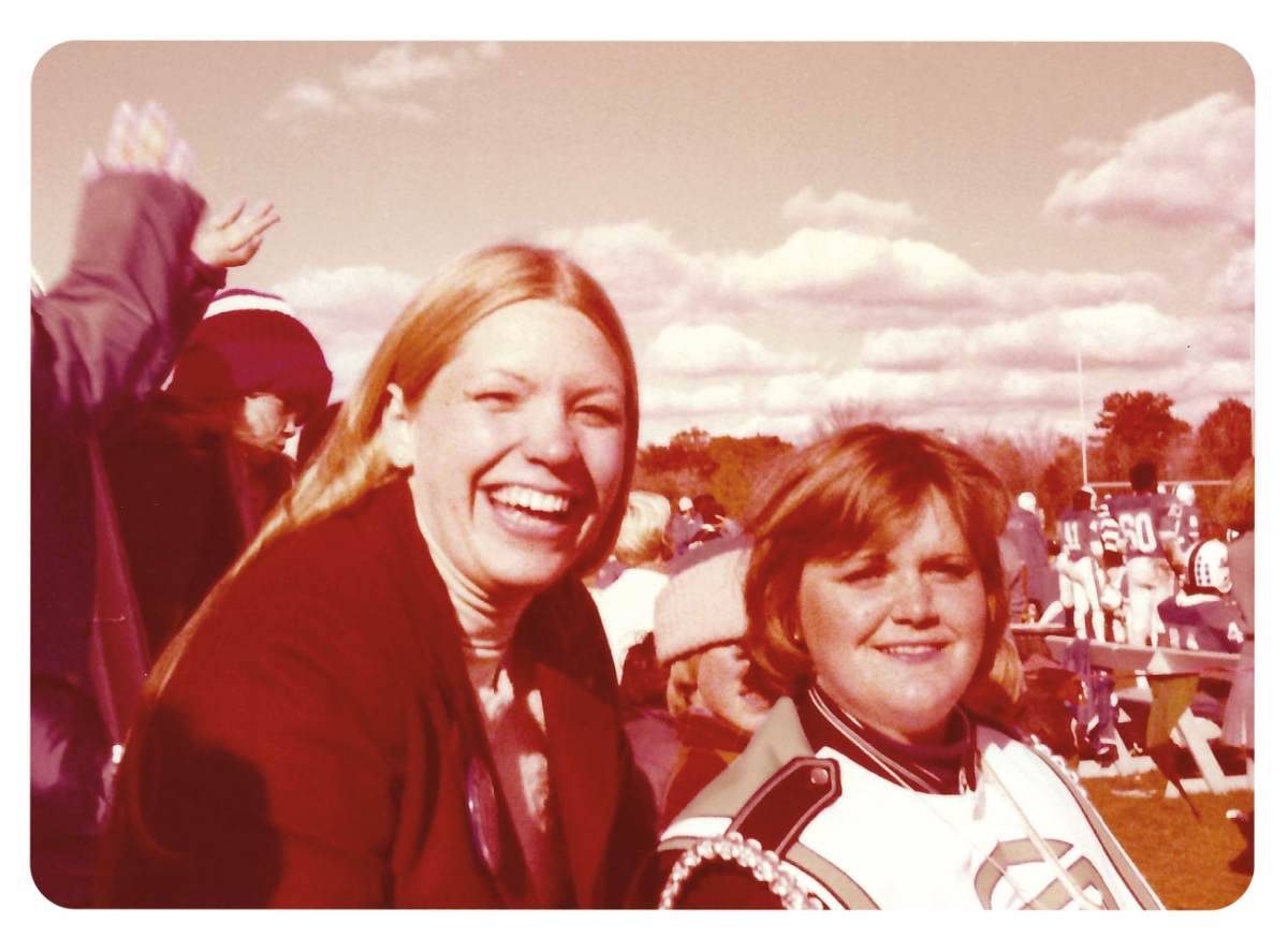 Maris Timmer Tracy &#8217;78, left, and Kathleen (Ure) Bell &#8217;81 are pictured at Homecoming 1978, prior to receiving their prizes for the Lyrics Contest.